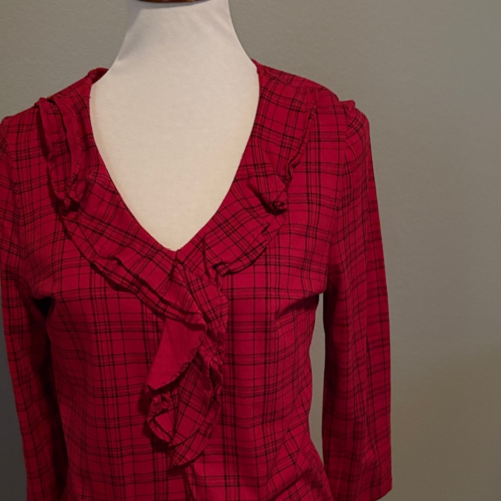 Talbots Red Checkered Ruffle Blouse